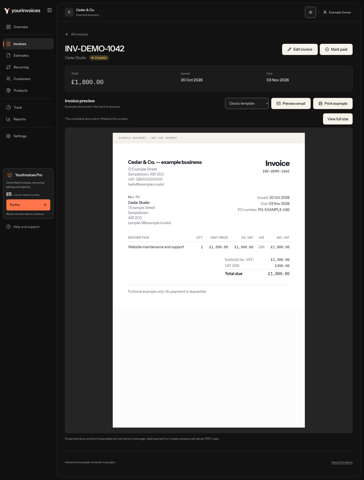 Example saved invoice with recorded payment status and document-template controls.