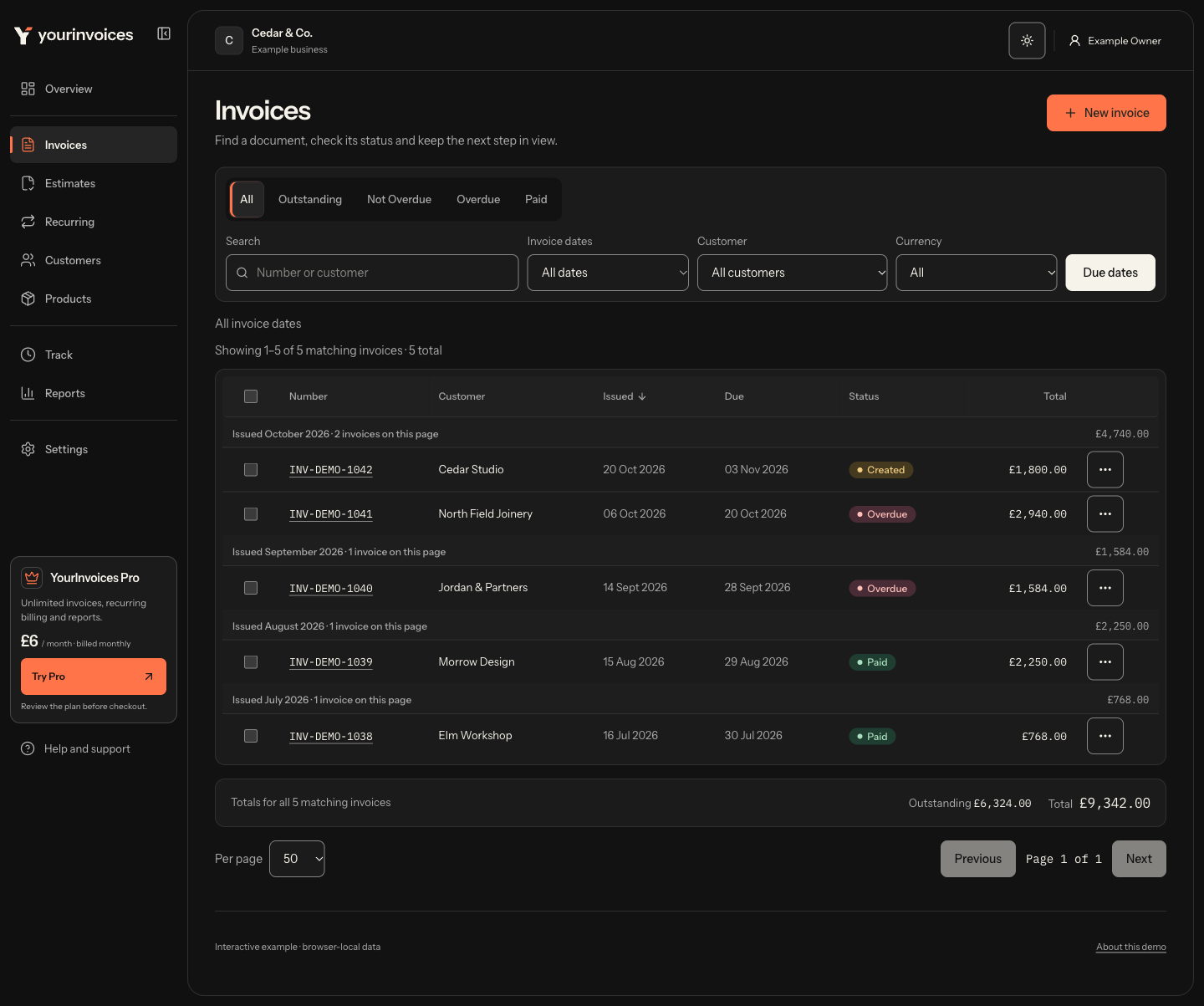 Redesigned invoice list with fictional customers, one table header, month separators and payment statuses.