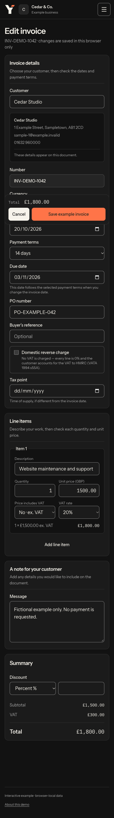 Full narrow-screen invoice editor with fictional customer details, responsive line items, VAT and the sticky save controls.