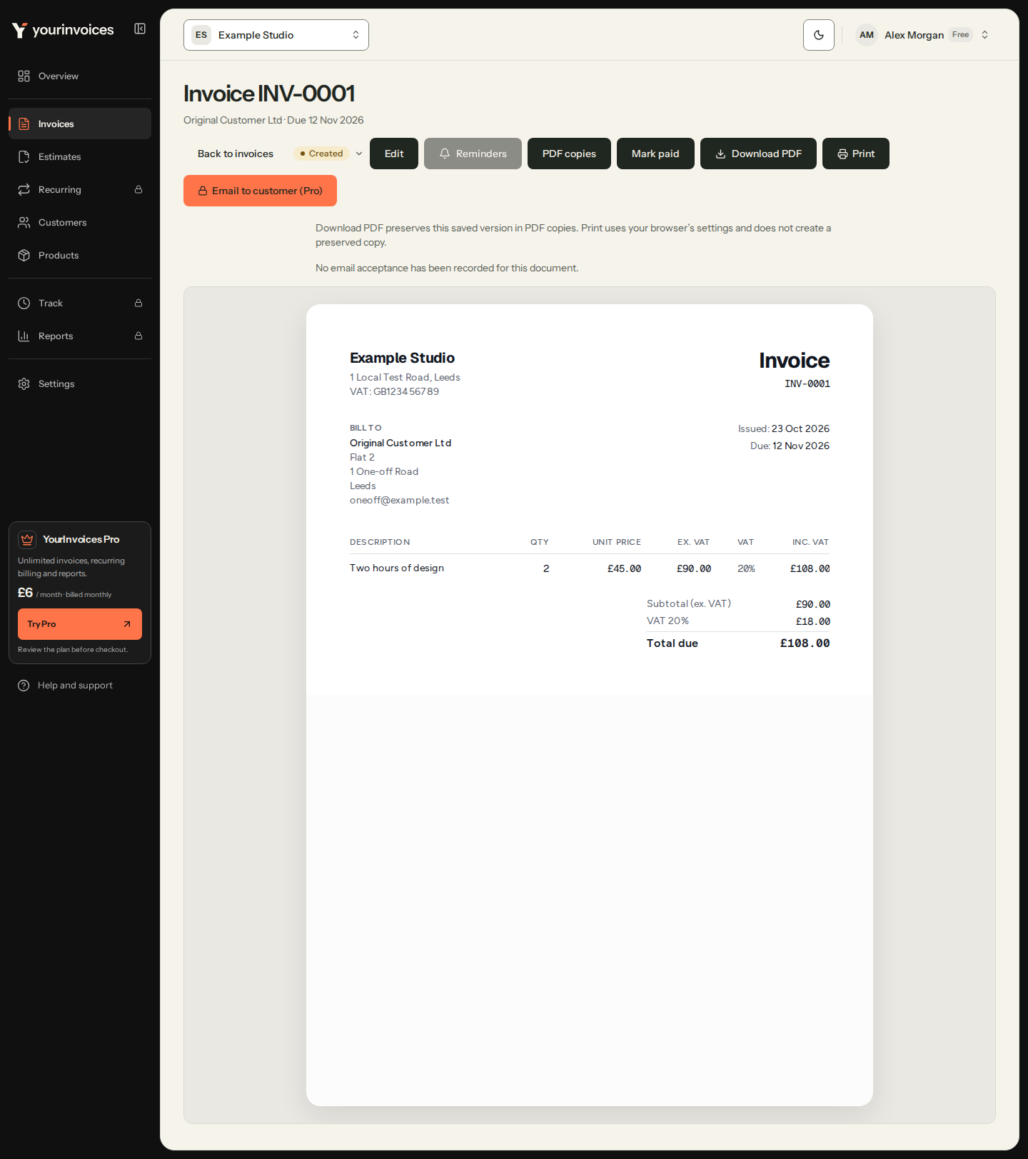 Saved invoice INV-0001 showing the customer address, 23 October issue date, 12 November due date and two hours at £45 plus VAT, totalling £108.