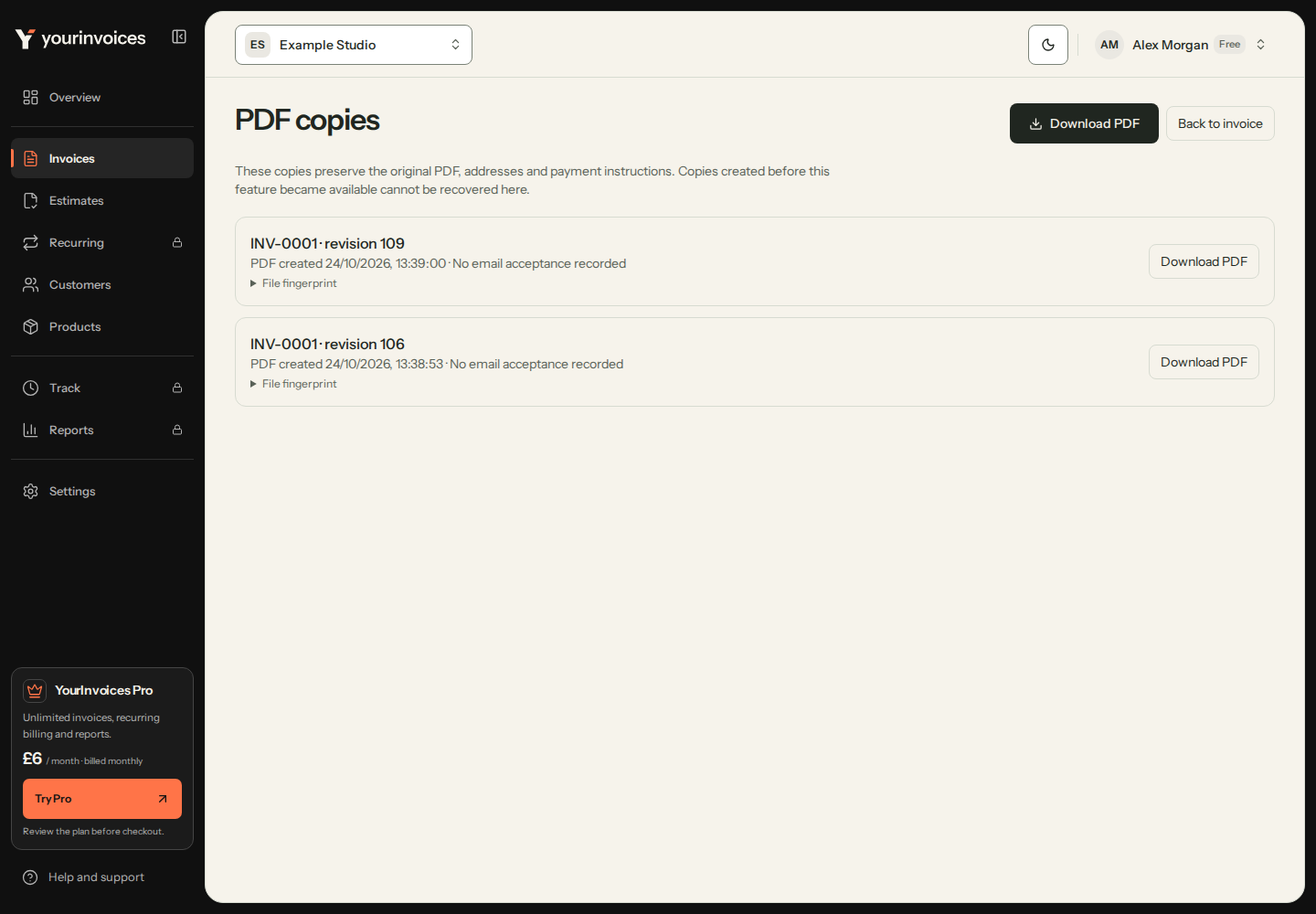 PDF copies showing two preserved versions of invoice INV-0001, each with a download link and no email acceptance recorded.