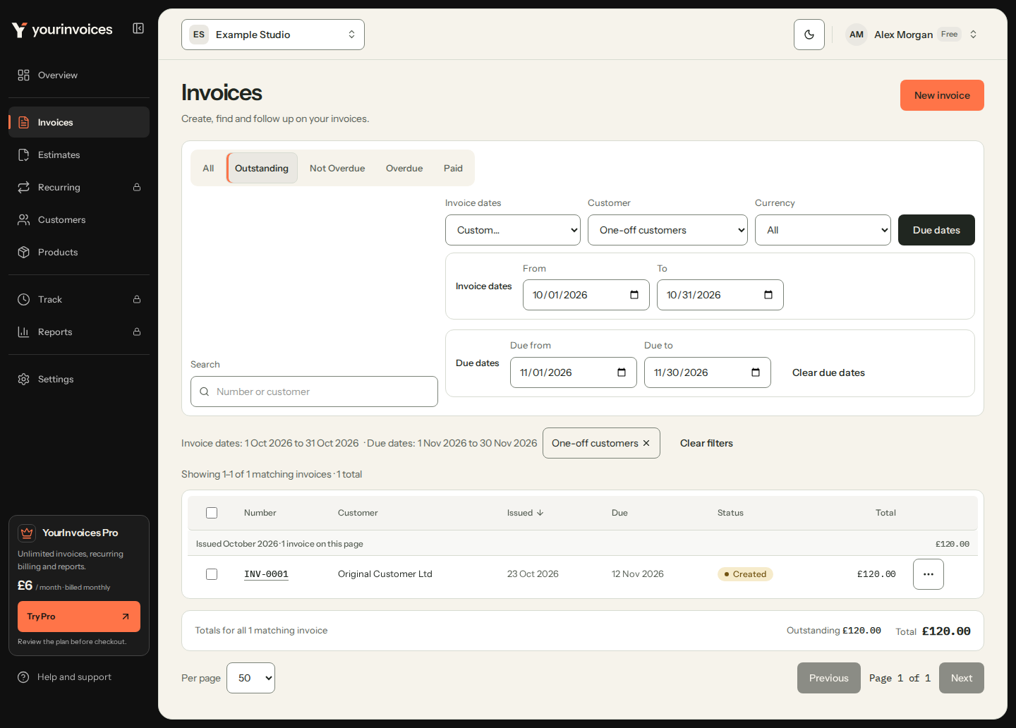 Invoice list filtered to outstanding one-off customer invoices issued in October and due in November 2026, showing INV-0001 and a matching £120 outstanding total.